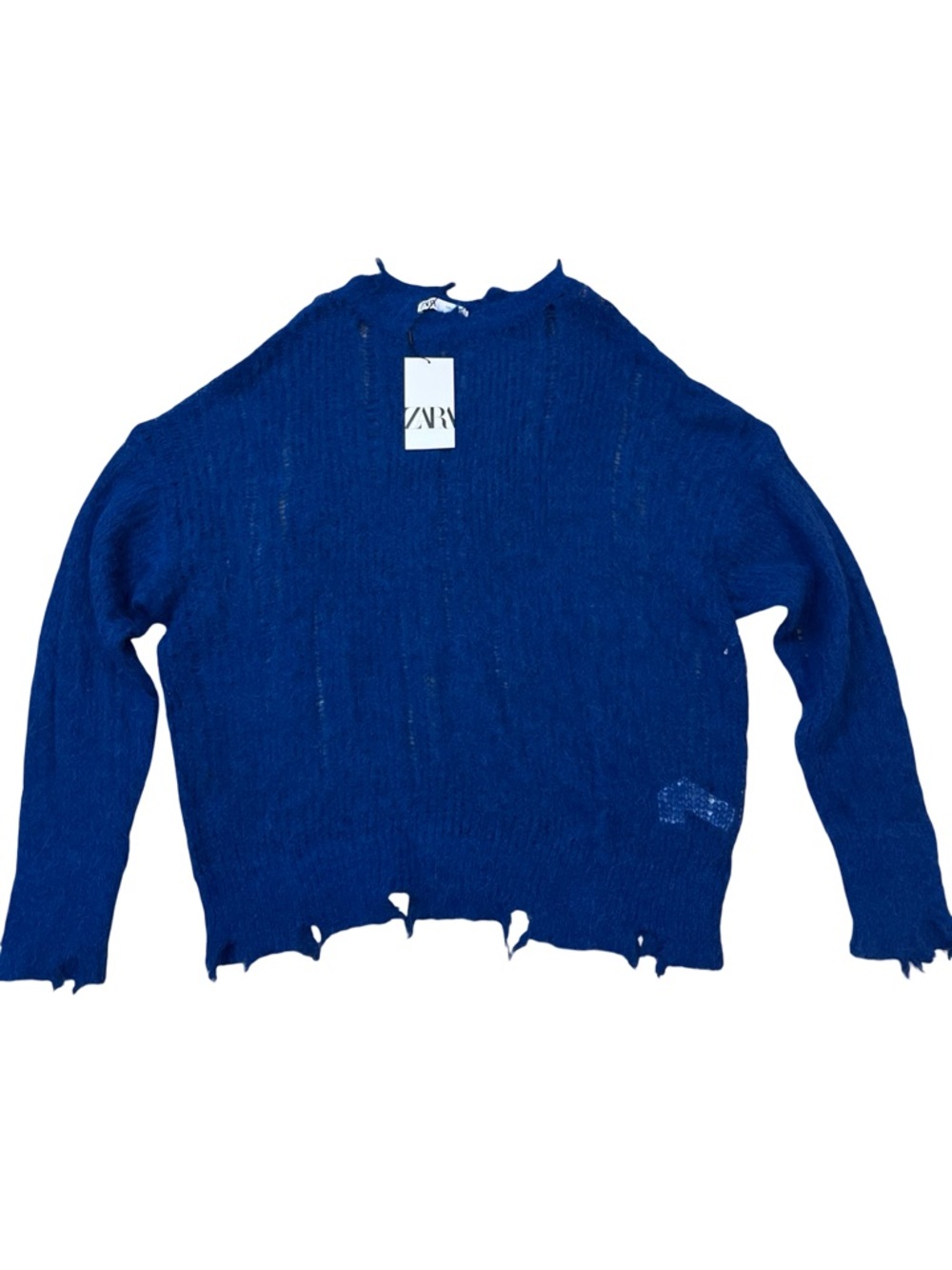 ZARA Women's Distressed Knit Wool Alpaca Blend Sweater - Royal Blue